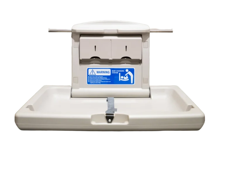 Wall-mounted baby changing table in Rugby commercial washroom – safe, hygienic, and space-saving design from Rugby Washroom Services