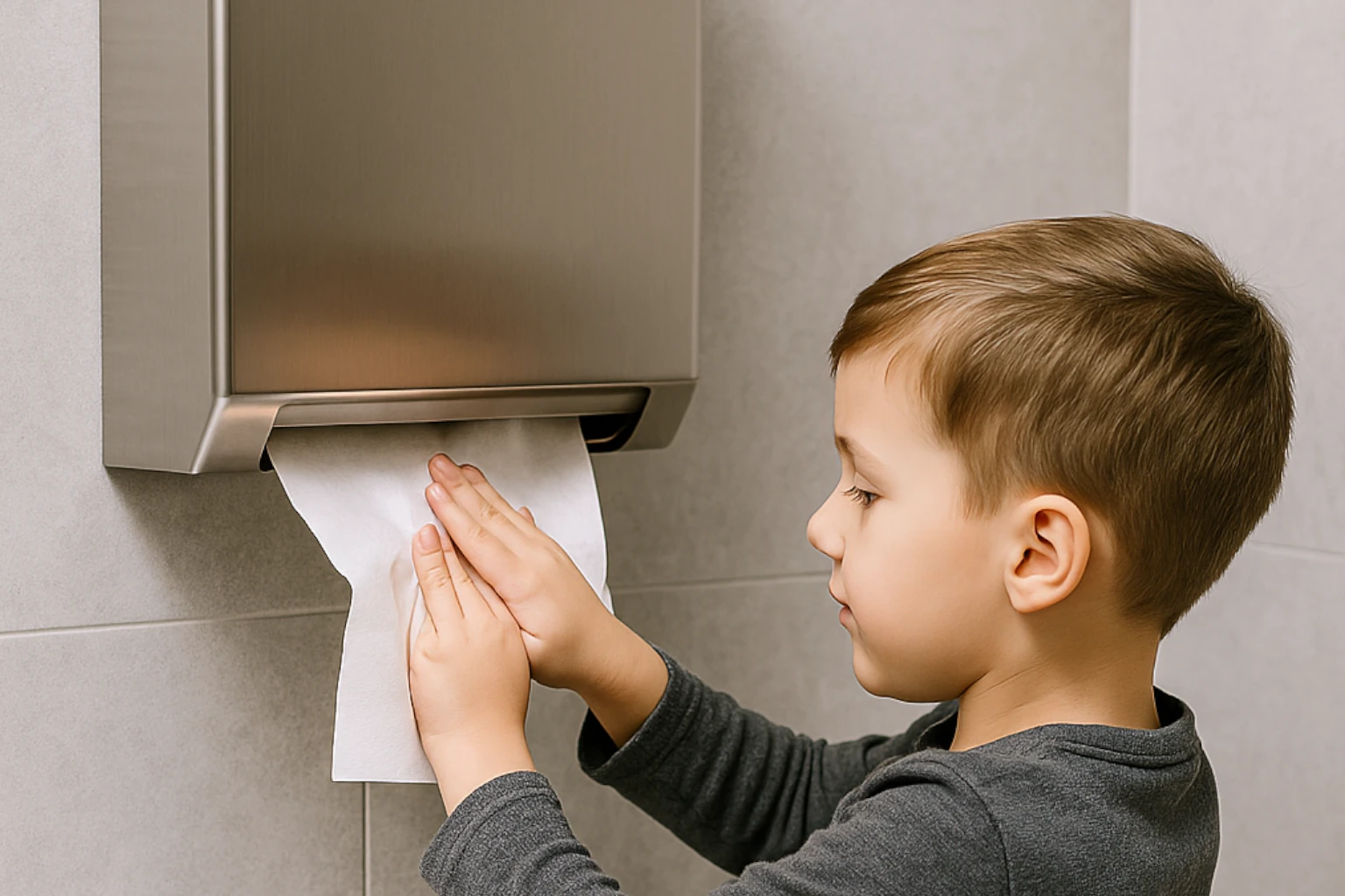 Young boy drying hands with a paper towel from a stainless steel dispenser in a modern, accessible commercial washroom in Rugby