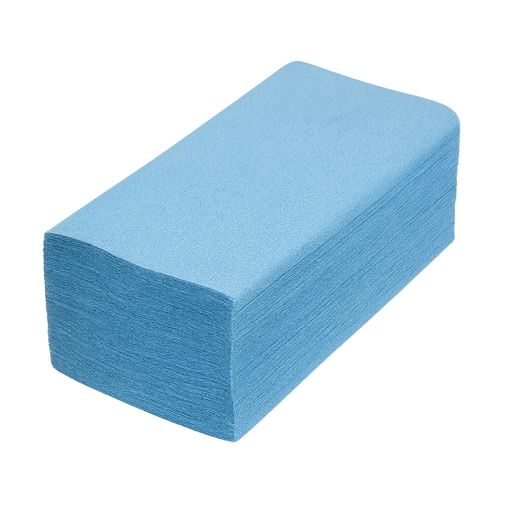 A neatly stacked pile of blue folded paper hand towels, ideal for commercial washrooms and environments with colour-coded cleaning protocols in Rugby and Warwickshire