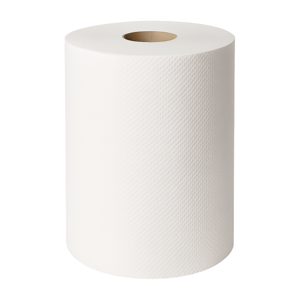 A white paper towel roll designed for commercial washroom dispensers, suitable for high-traffic environments in Rugby and Warwickshire