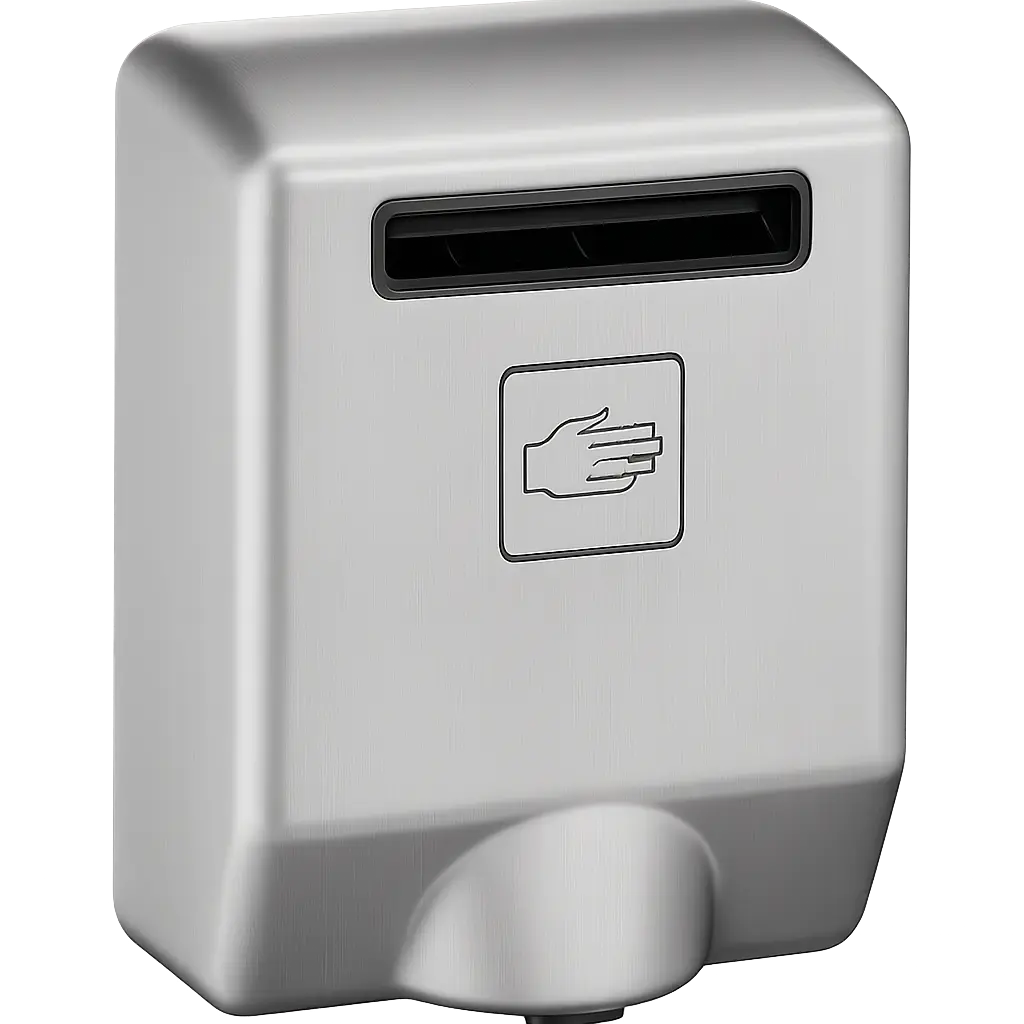 Automatic sensor-activated hand dryer with brushed stainless steel finish for commercial washrooms