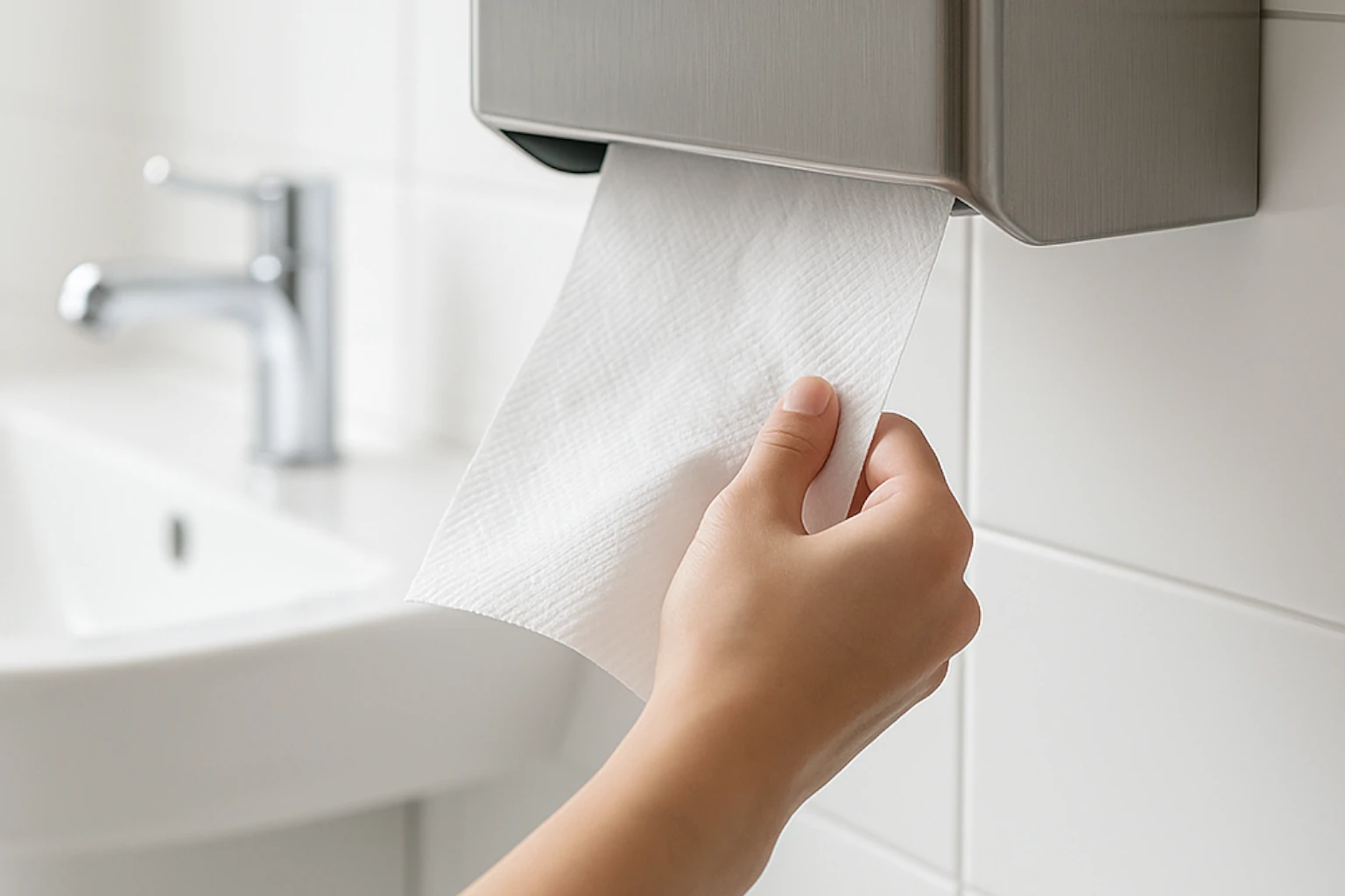 Close-up of hands pulling a single paper towel from a stainless steel dispenser in a modern commercial washroom in Rugby