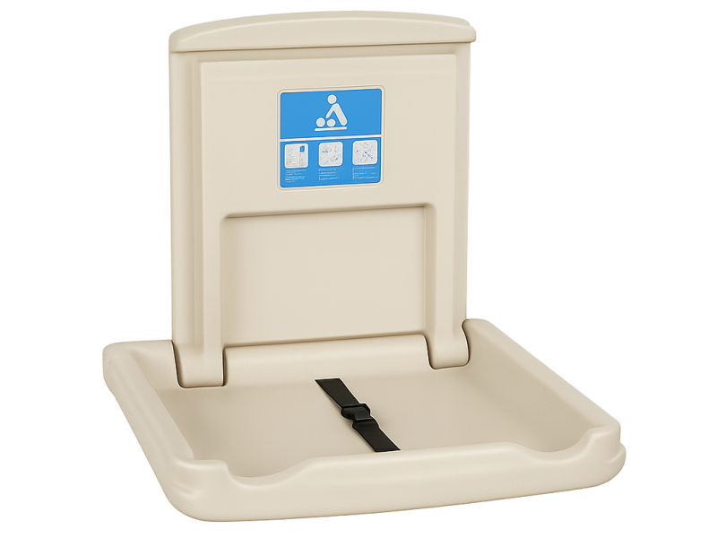 Baby Changing Units Rugby - Wall-mounted baby changing table in beige with contoured surface and safety strap – suitable for public washrooms in family-friendly venues